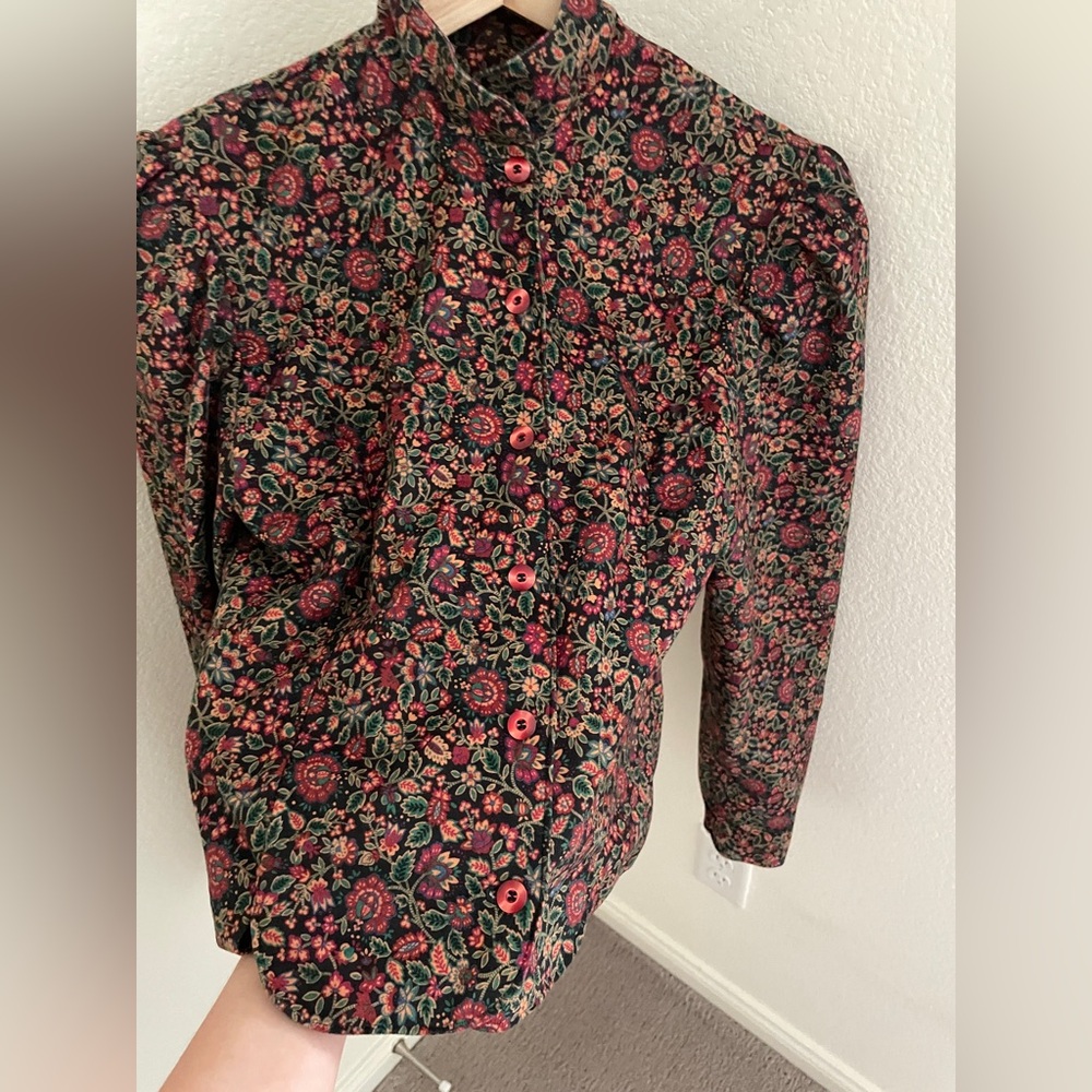 Vintage handmade brown red floral 2 piece set midi skirt and puff sleeve jacket - Picture 4 of 13